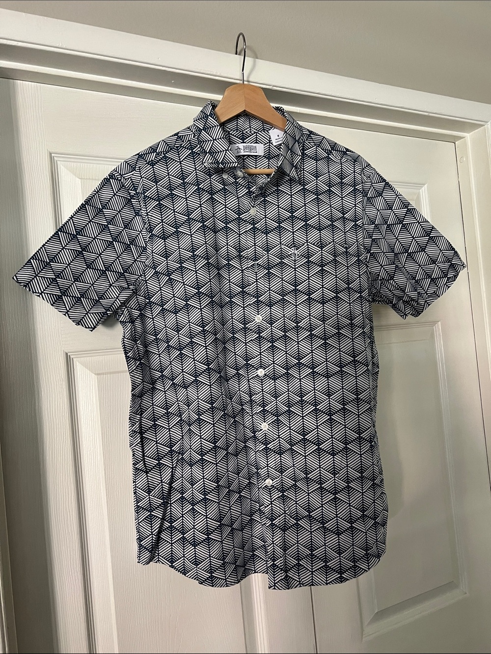 Original Penguin Navy and White Geometric Short-Sleeve Button-Down Shirt